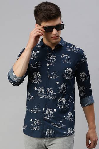 men's long sleeves conversational navy blue shirt