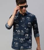 men's long sleeves conversational navy blue shirt