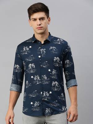 men's long sleeves conversational navy blue shirt 2
