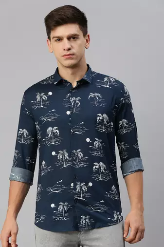 men's long sleeves conversational navy blue shirt