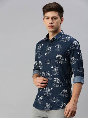 men's long sleeves conversational navy blue shirt 3