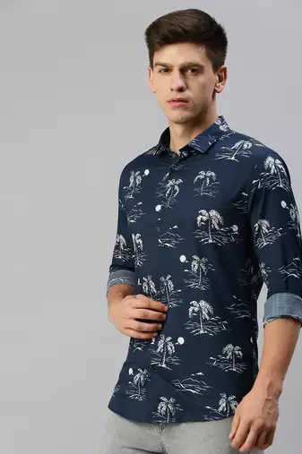 men's long sleeves conversational navy blue shirt