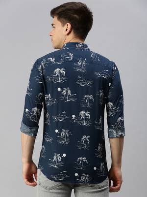 men's long sleeves conversational navy blue shirt 4