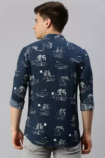 men's long sleeves conversational navy blue shirt
