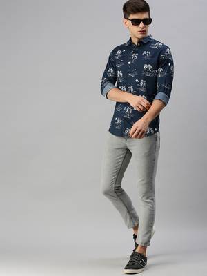 men's long sleeves conversational navy blue shirt 5