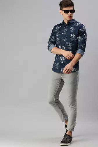 men's long sleeves conversational navy blue shirt