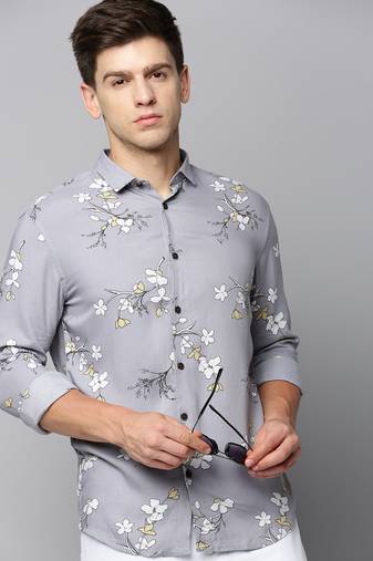 men's long sleeves floral grey shirt