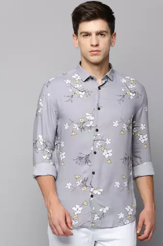 men's long sleeves floral grey shirt