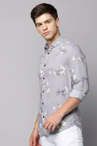men's long sleeves floral grey shirt