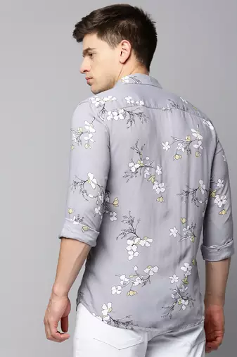 men's long sleeves floral grey shirt