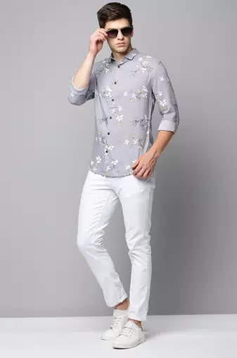 men's long sleeves floral grey shirt