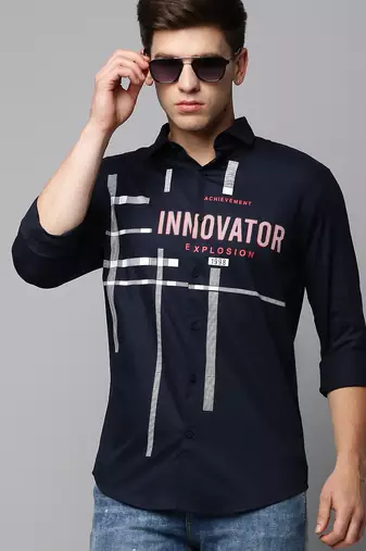 Showoff men's long sleeves typography navy blue shirt