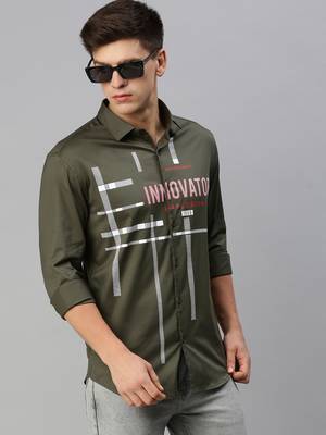 men's long sleeves typography olive shirt 1