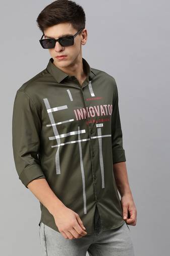 men's long sleeves typography olive shirt