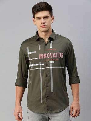 men's long sleeves typography olive shirt 2