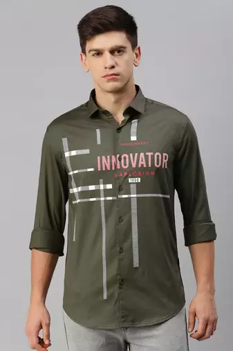 men's long sleeves typography olive shirt