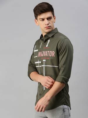 men's long sleeves typography olive shirt 3