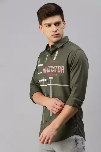 men's long sleeves typography olive shirt