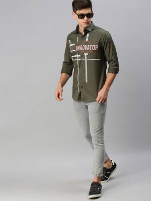 men's long sleeves typography olive shirt 5