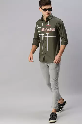 men's long sleeves typography olive shirt