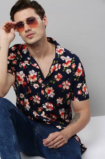 men's short sleeves floral navy blue shirt