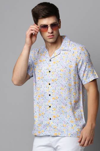 men's short sleeves floral blue shirt