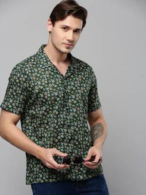 men's short sleeves floral green shirt 1