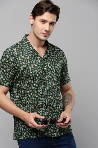men's short sleeves floral green shirt