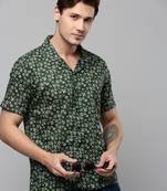 men's short sleeves floral green shirt