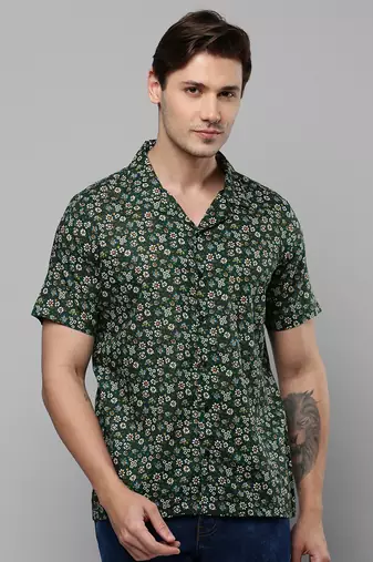 men's short sleeves floral green shirt