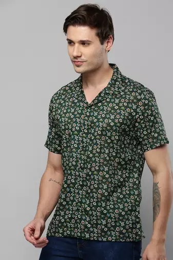 men's short sleeves floral green shirt