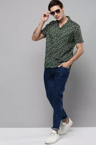men's short sleeves floral green shirt