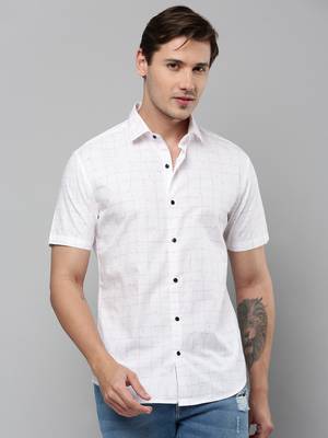 men's short sleeves tartan checks white shirt 2
