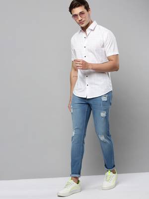men's short sleeves tartan checks white shirt 5