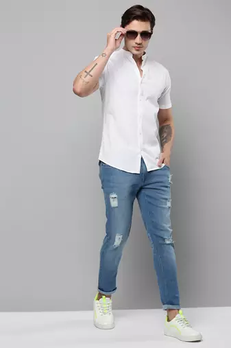 Showoff men's short sleeves textured off white shirt