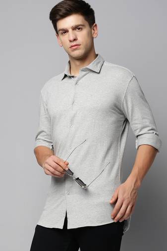 men's long sleeves solid grey melange shirt