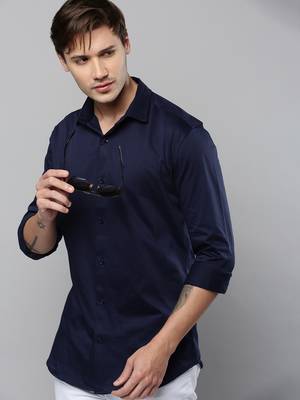 men's long sleeves solid navy blue shirt 1