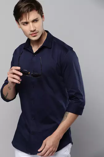 men's long sleeves solid navy blue shirt
