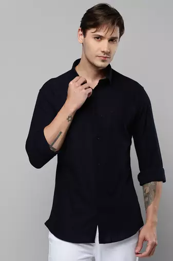 men's long sleeves solid navy blue shirt