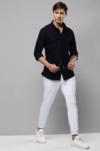 men's long sleeves solid navy blue shirt