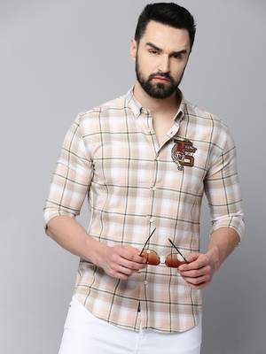 men's long sleeves tartan checks beige shirt 1