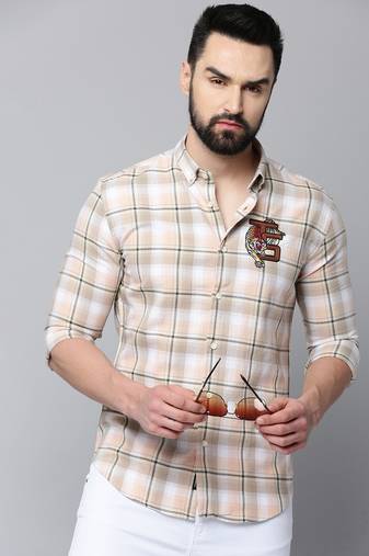 men's long sleeves tartan checks beige shirt