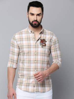 men's long sleeves tartan checks beige shirt 2