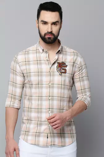 men's long sleeves tartan checks beige shirt