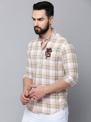 men's long sleeves tartan checks beige shirt 3