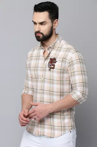 men's long sleeves tartan checks beige shirt