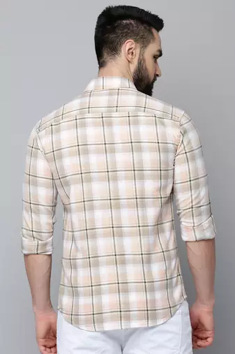 men's long sleeves tartan checks beige shirt