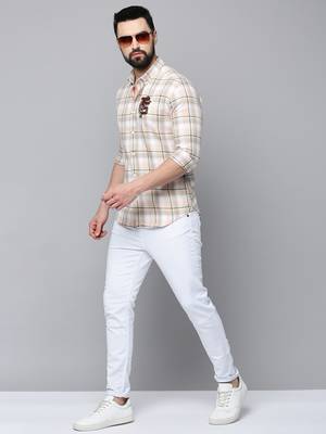 men's long sleeves tartan checks beige shirt 5