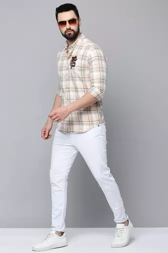men's long sleeves tartan checks beige shirt