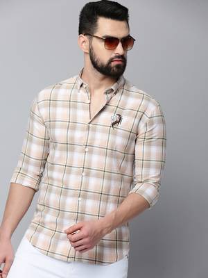 Showoff men's long sleeves tartan checks beige shirt 1